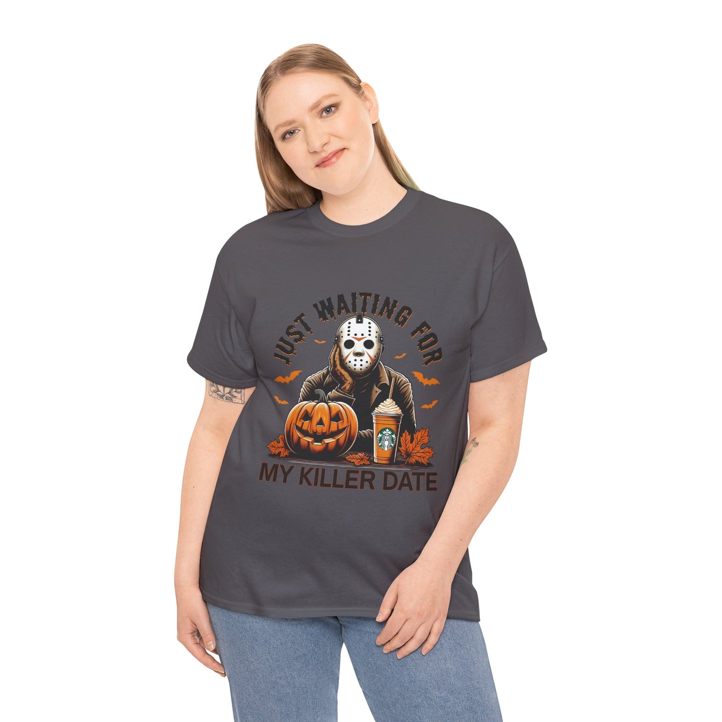 Unisex Halloween Graphic Tee, Spooky T-Shirt for Fall, Just Waiting for My Killer Date Shirt, Perfect for Halloween Parties or Gift