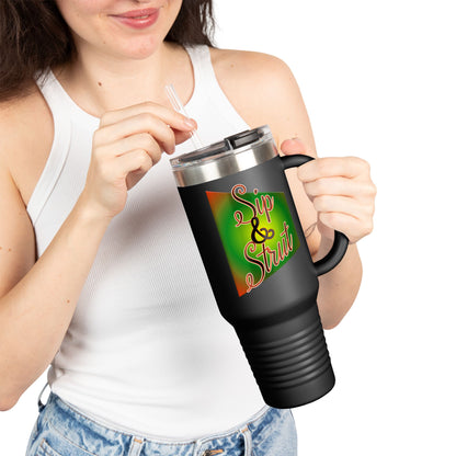 Vibrant Insulated Travel Mug - Sip & Strut, Perfect for Coffee Lovers, Road Trips, Outdoor Adventures, Gift for Holidays, Motivational Mug