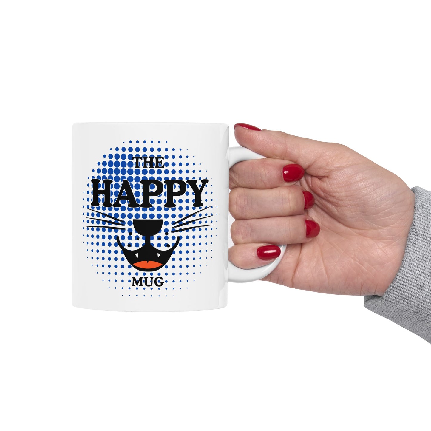 FaithStyles Ceramic Mug — "Happy Mug" Blue Halftone Coffee Cup (11oz & 15oz)