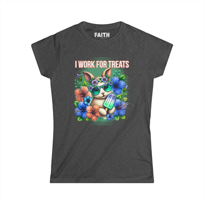 Women's Graphic Tee, I Work for Treats Dog Lover Shirt, Cute Pet T-Shirt, Floral Dog Art Tee, Gift for Dog Moms, Summer Tee