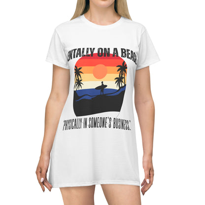 Women's Casual Beach Vibe T-Shirt Dress - "Mentally on a Beach", Summer Dress, Vacation Wear, Relaxed Style, Graphic Tee Dress, Beach Casual Outfit