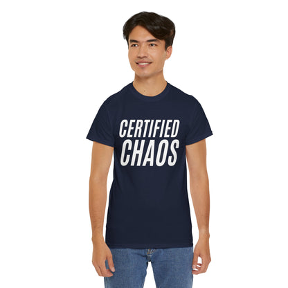 Certified Chaos Unisex Heavy Cotton Tee, Casual Tee, Graphic Tee, Trendy T-Shirt, Gift for Friends, Everyday Wear