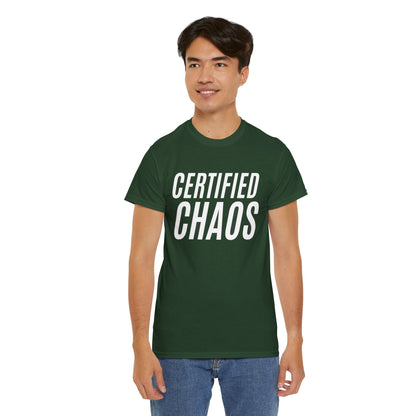 Certified Chaos Unisex Heavy Cotton Tee, Casual Tee, Graphic Tee, Trendy T-Shirt, Gift for Friends, Everyday Wear