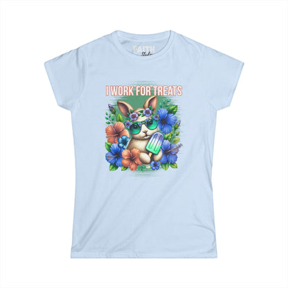 Women's Graphic Tee, I Work for Treats Dog Lover Shirt, Cute Pet T-Shirt, Floral Dog Art Tee, Gift for Dog Moms, Summer Tee