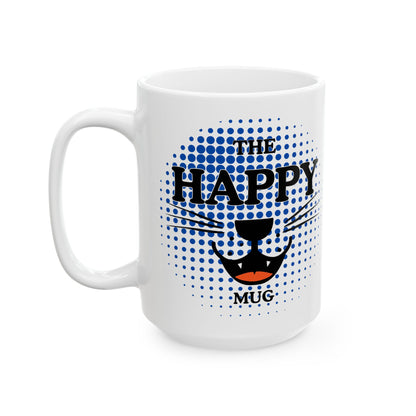FaithStyles Ceramic Mug — "Happy Mug" Blue Halftone Coffee Cup (11oz & 15oz)