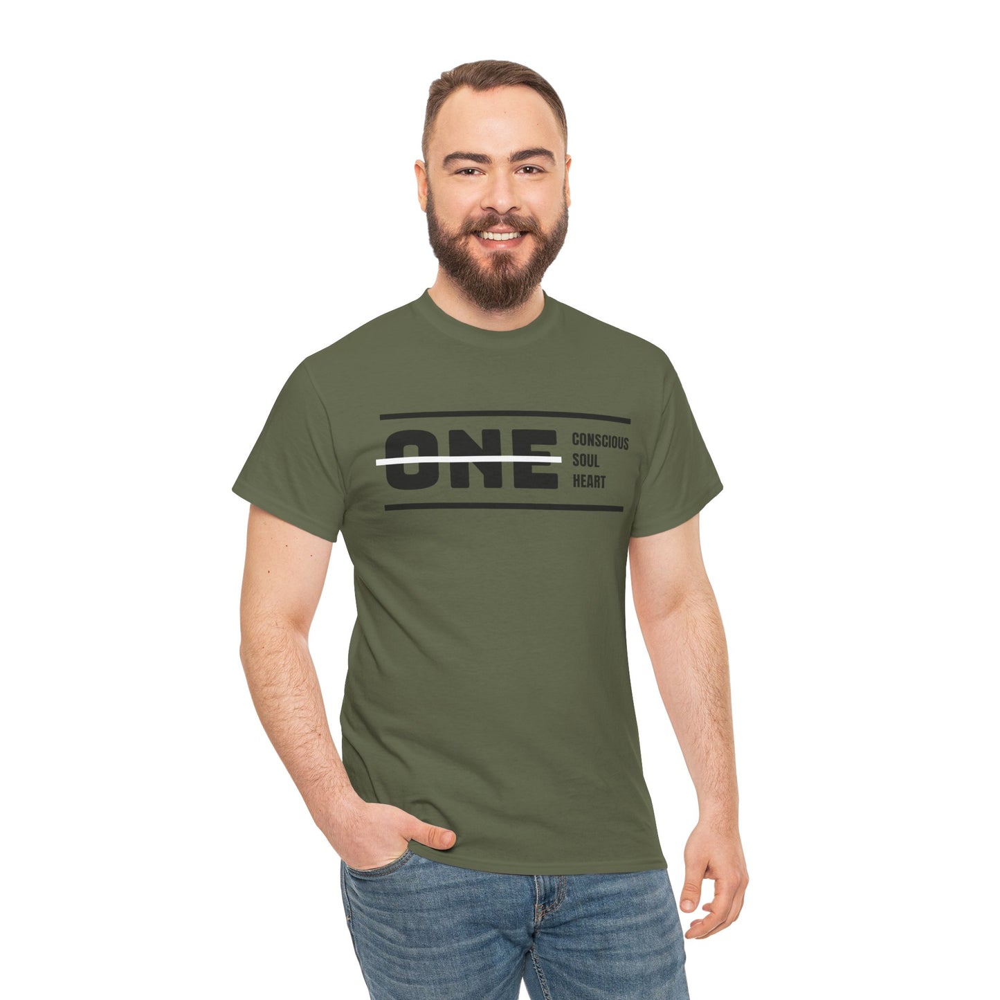 Male's Heavy Cotton Tee - 'ONE' Conscious Soul Heart | Casual Apparel, Gift for Mindfulness, Inspirational Wear, Summer Tee, Everyday Style