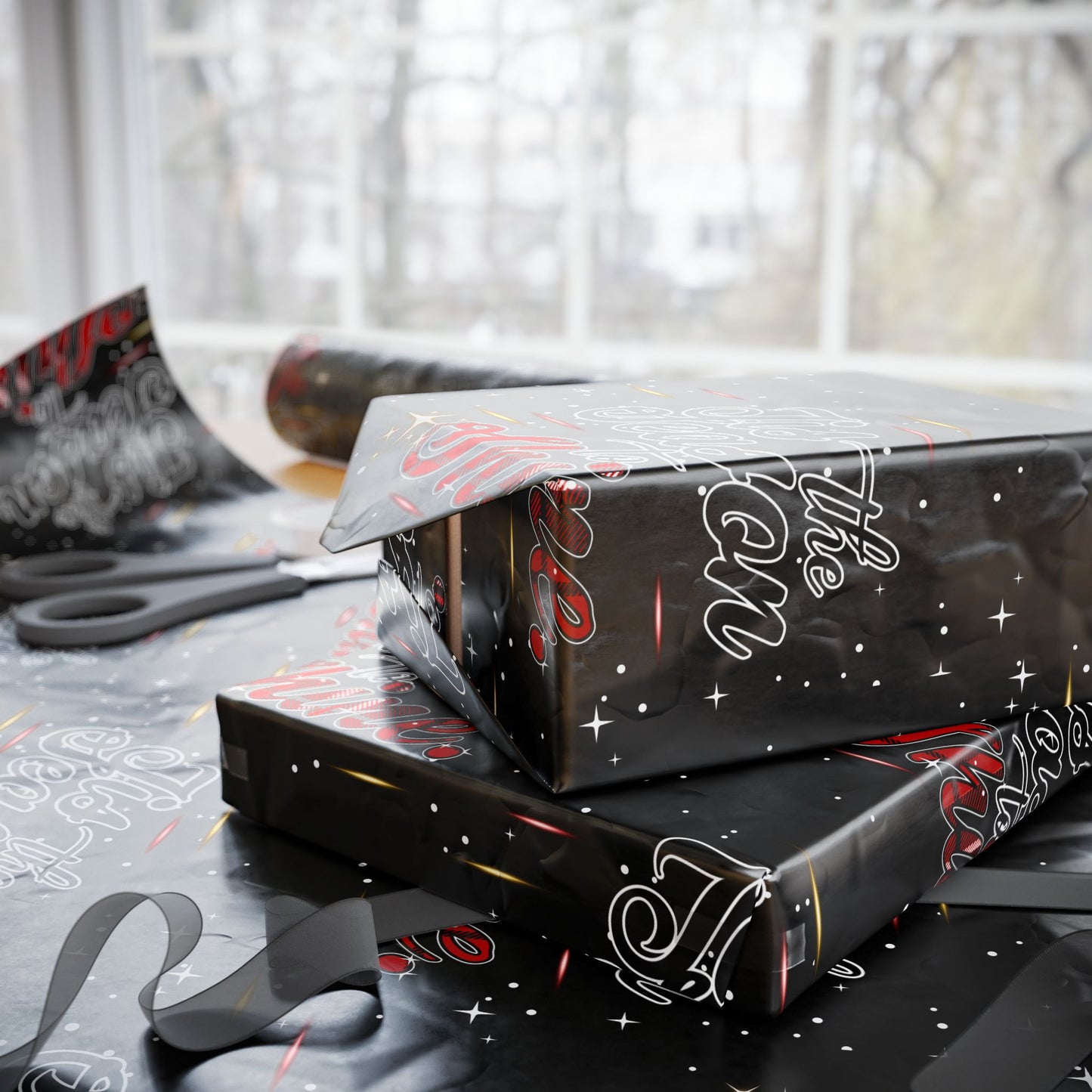 Wrapping Paper Roll — Black Space Pattern with Red 'Ho Ho Ho' Holiday Design
