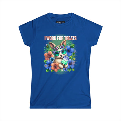 Women's Graphic Tee, I Work for Treats Dog Lover Shirt, Cute Pet T-Shirt, Floral Dog Art Tee, Gift for Dog Moms, Summer Tee