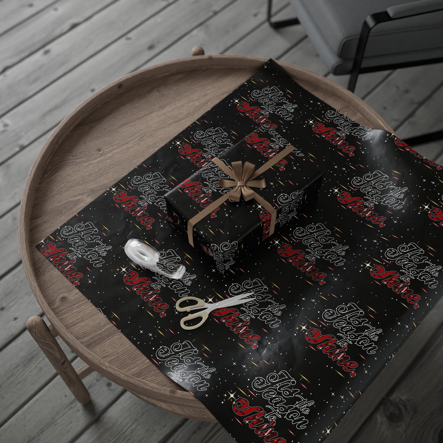 Wrapping Paper Roll — Black Space Pattern with Red 'Ho Ho Ho' Holiday Design