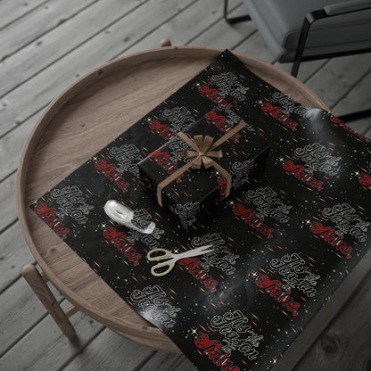 Wrapping Paper Roll — Black Space Pattern with Red 'Ho Ho Ho' Holiday Design