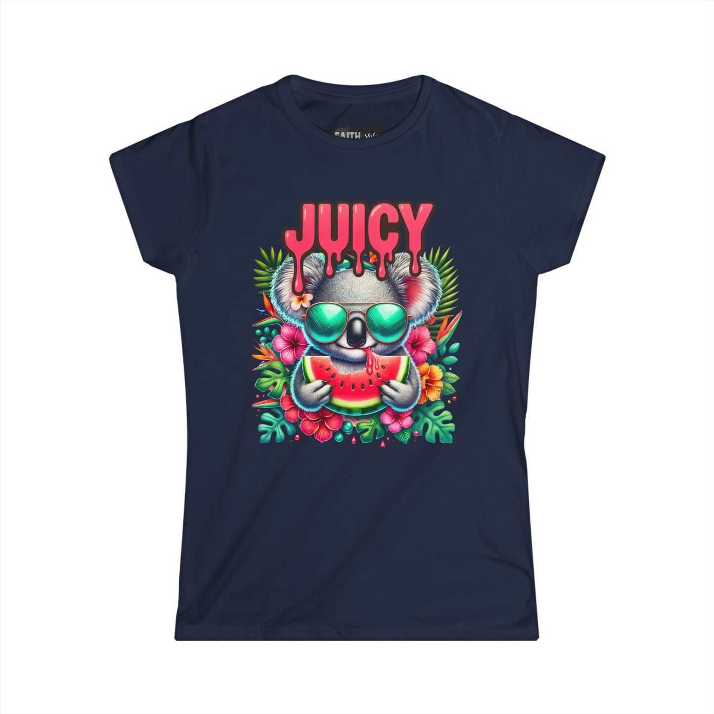 Juicy Koala Women's Softstyle Tee, Cute Summer Shirt, Casual Graphic Tee, Fun Gift for Friends, Tropical Vibe T-Shirt