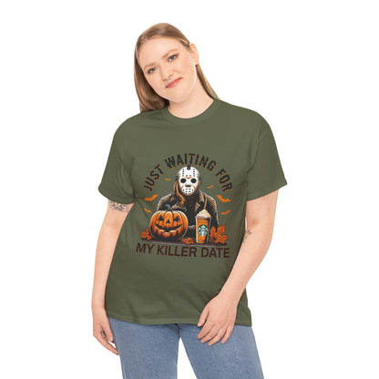 Unisex Halloween Graphic Tee, Spooky T-Shirt for Fall, Just Waiting for My Killer Date Shirt, Perfect for Halloween Parties or Gift