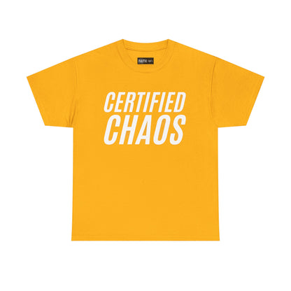 Certified Chaos Unisex Heavy Cotton Tee, Casual Tee, Graphic Tee, Trendy T-Shirt, Gift for Friends, Everyday Wear