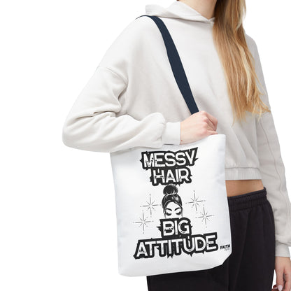 FaithStyles Tote Bag — "Messy Hair Big Attitude" Graphic Tote for Stylish Women