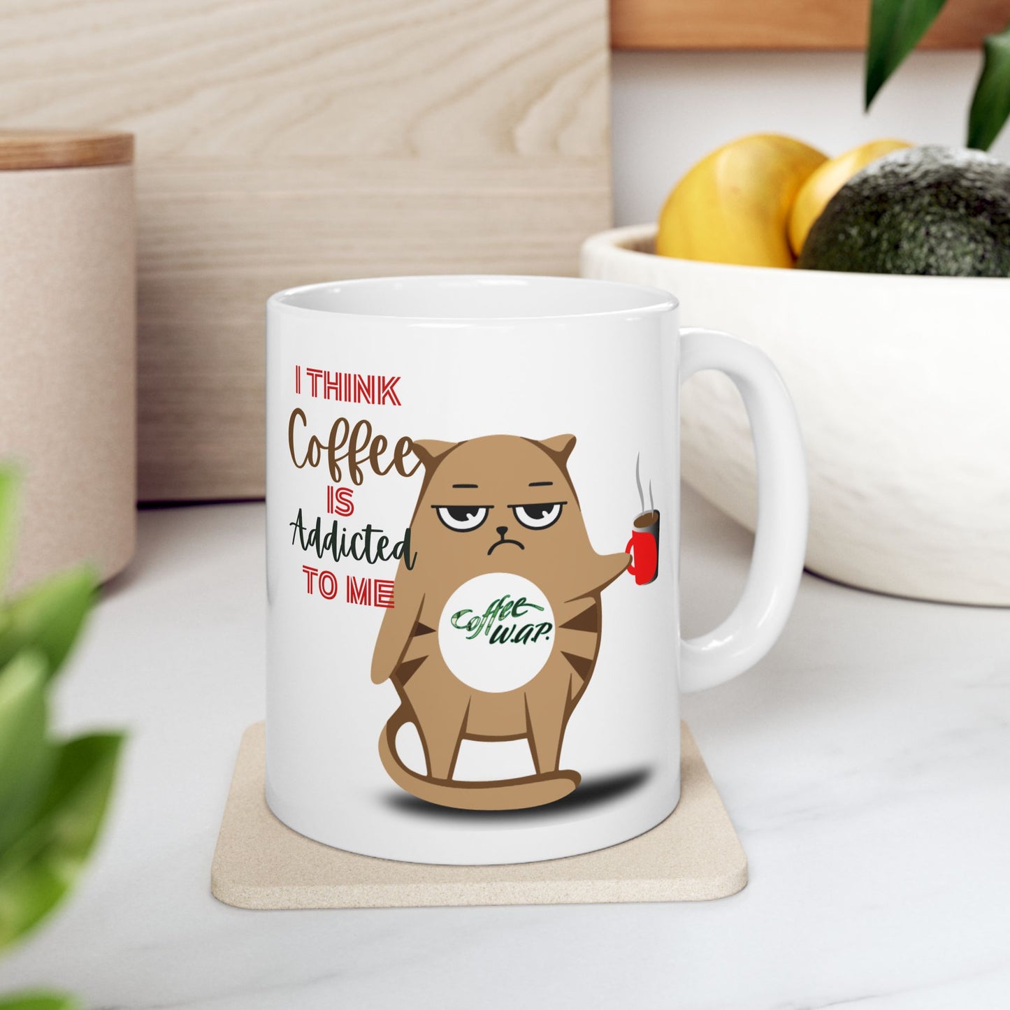 FaithStyles Coffee Addict Cat Ceramic Mug — Funny Cat Saying "I Think Coffee Is Addicted To Me" (11oz, 15oz)