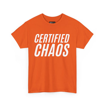 Certified Chaos Unisex Heavy Cotton Tee, Casual Tee, Graphic Tee, Trendy T-Shirt, Gift for Friends, Everyday Wear