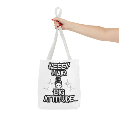 FaithStyles Tote Bag — "Messy Hair Big Attitude" Graphic Tote for Stylish Women