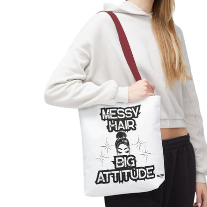 FaithStyles Tote Bag — "Messy Hair Big Attitude" Graphic Tote for Stylish Women
