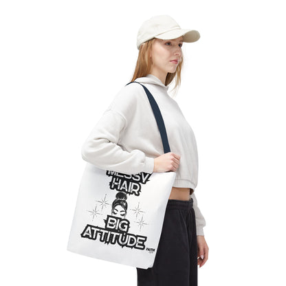 FaithStyles Tote Bag — "Messy Hair Big Attitude" Graphic Tote for Stylish Women