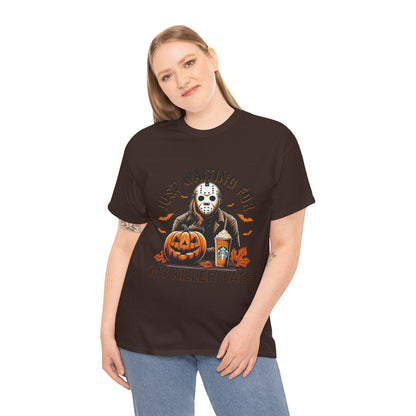 Unisex Halloween Graphic Tee, Spooky T-Shirt for Fall, Just Waiting for My Killer Date Shirt, Perfect for Halloween Parties or Gift