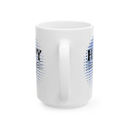 FaithStyles Ceramic Mug — "Happy Mug" Blue Halftone Coffee Cup (11oz & 15oz)