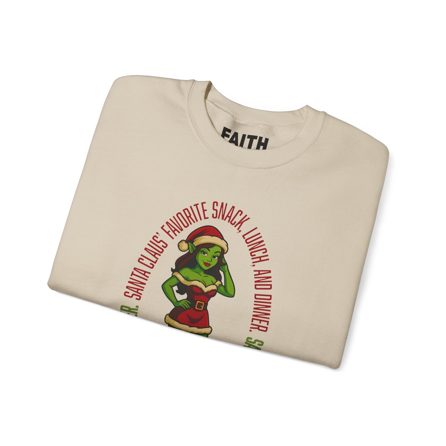 Holiday Goblin Girl Crewneck Sweatshirt — 'Favorite Snack' Christmas Sweatshirt