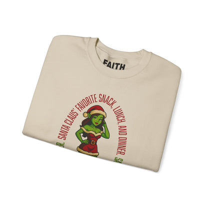 Holiday Goblin Girl Crewneck Sweatshirt — 'Favorite Snack' Christmas Sweatshirt