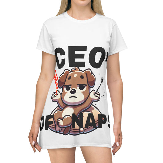 Women's Comfy Dog-Themed T-Shirt Dress, Perfect for Lounging, Gift for Dog Lovers, Cute Sleepwear, Relaxed Style, Fun Nap Time Outfit
