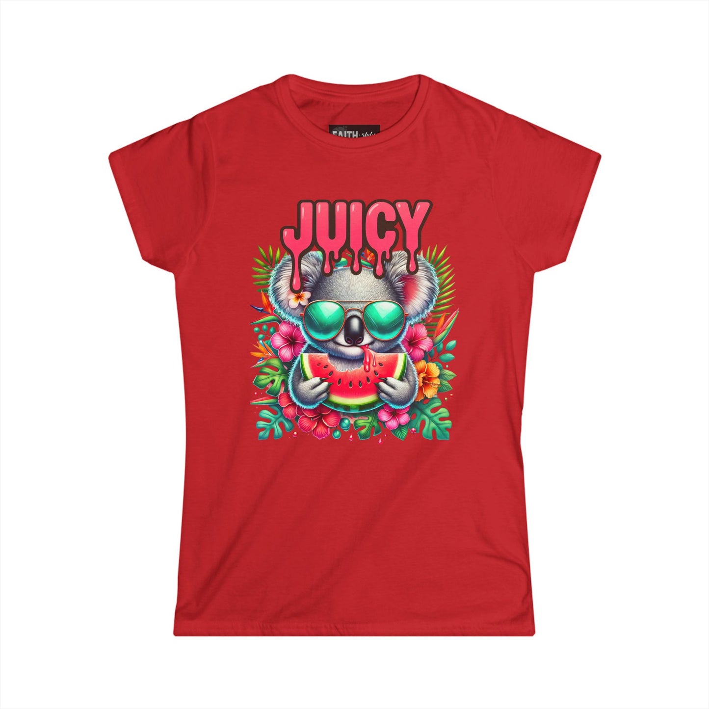 Juicy Koala Women's Softstyle Tee, Cute Summer Shirt, Casual Graphic Tee, Fun Gift for Friends, Tropical Vibe T-Shirt
