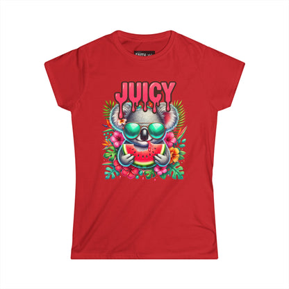 Juicy Koala Women's Softstyle Tee, Cute Summer Shirt, Casual Graphic Tee, Fun Gift for Friends, Tropical Vibe T-Shirt