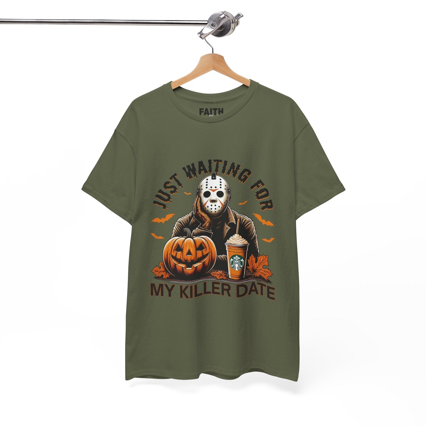 Unisex Halloween Graphic Tee, Spooky T-Shirt for Fall, Just Waiting for My Killer Date Shirt, Perfect for Halloween Parties or Gift