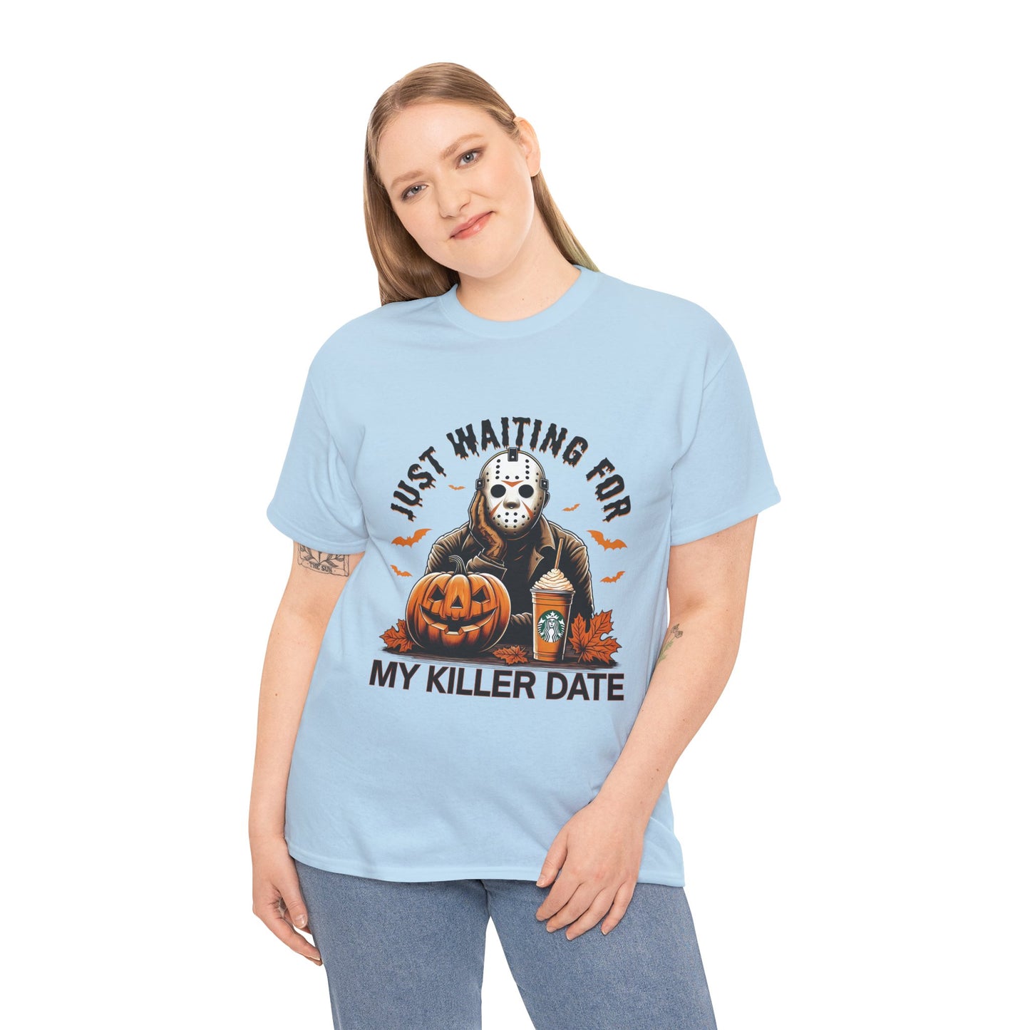 Unisex Halloween Graphic Tee, Spooky T-Shirt for Fall, Just Waiting for My Killer Date Shirt, Perfect for Halloween Parties or Gift