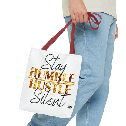FaithStyles Stay Humble Hustle Silent Tote Bag — Motivational Leopard Print Canvas Tote