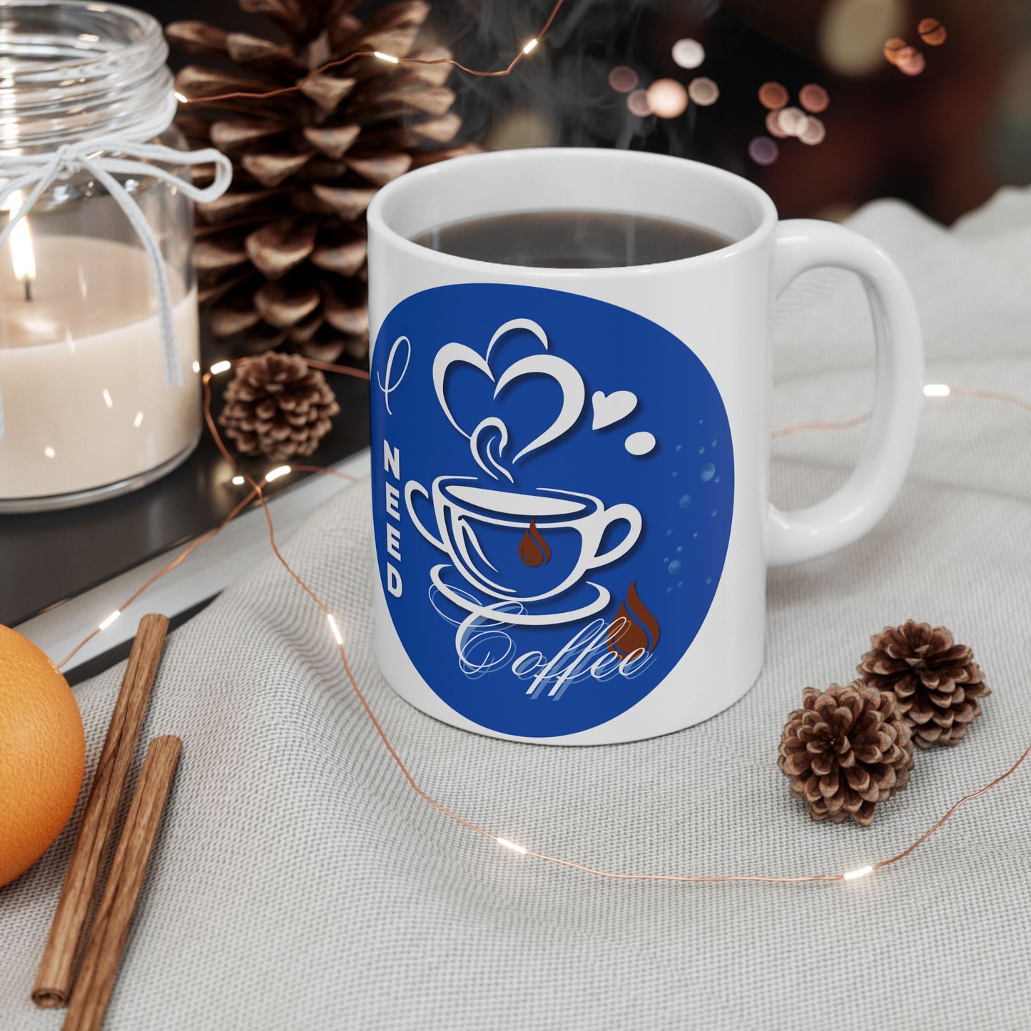FaithStyles Coffee Mug - "I Need Coffee" Blue Ceramic Mug (11oz & 15oz)