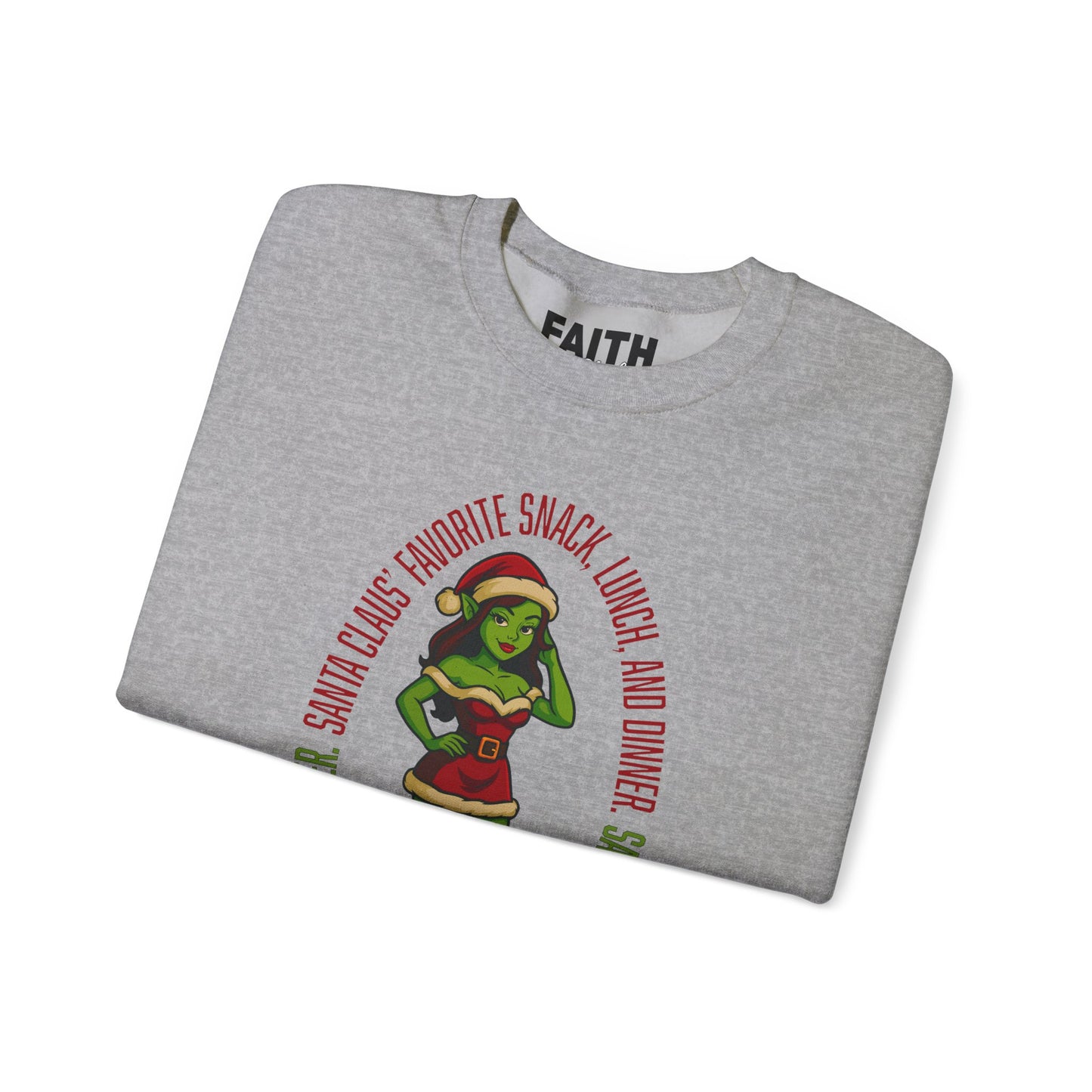 Holiday Goblin Girl Crewneck Sweatshirt — 'Favorite Snack' Christmas Sweatshirt
