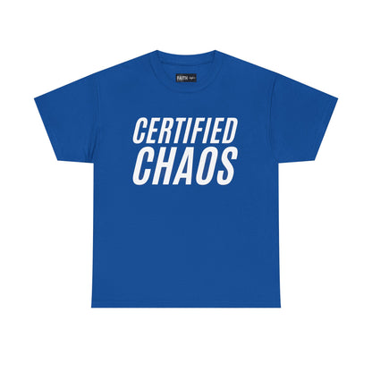 Certified Chaos Unisex Heavy Cotton Tee, Casual Tee, Graphic Tee, Trendy T-Shirt, Gift for Friends, Everyday Wear