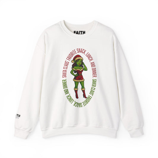 Holiday Goblin Girl Crewneck Sweatshirt — 'Favorite Snack' Christmas Sweatshirt