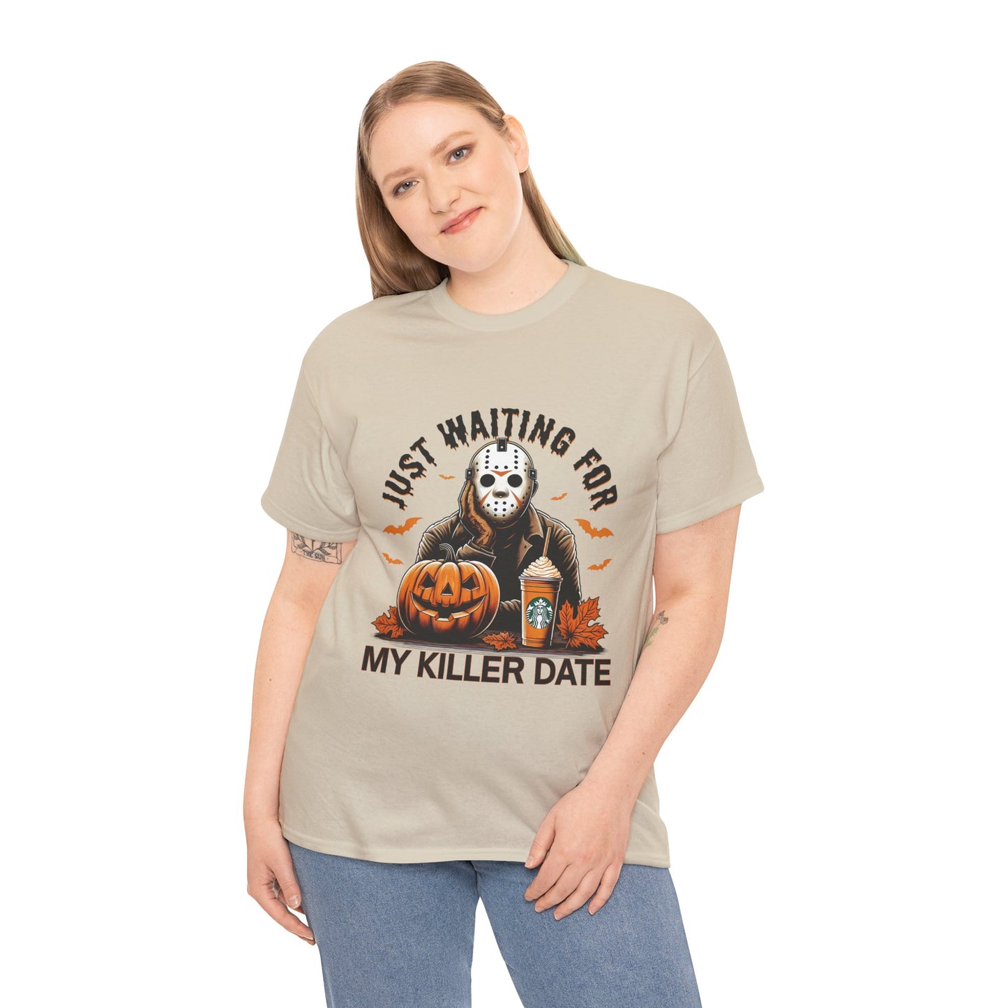 Unisex Halloween Graphic Tee, Spooky T-Shirt for Fall, Just Waiting for My Killer Date Shirt, Perfect for Halloween Parties or Gift