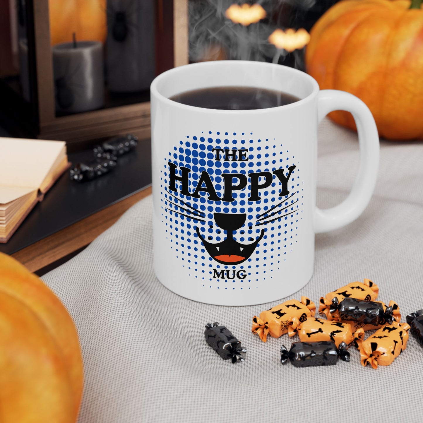 FaithStyles Ceramic Mug — "Happy Mug" Blue Halftone Coffee Cup (11oz & 15oz)
