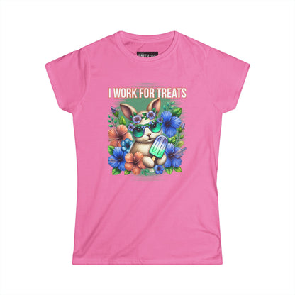 Women's Graphic Tee, I Work for Treats Dog Lover Shirt, Cute Pet T-Shirt, Floral Dog Art Tee, Gift for Dog Moms, Summer Tee