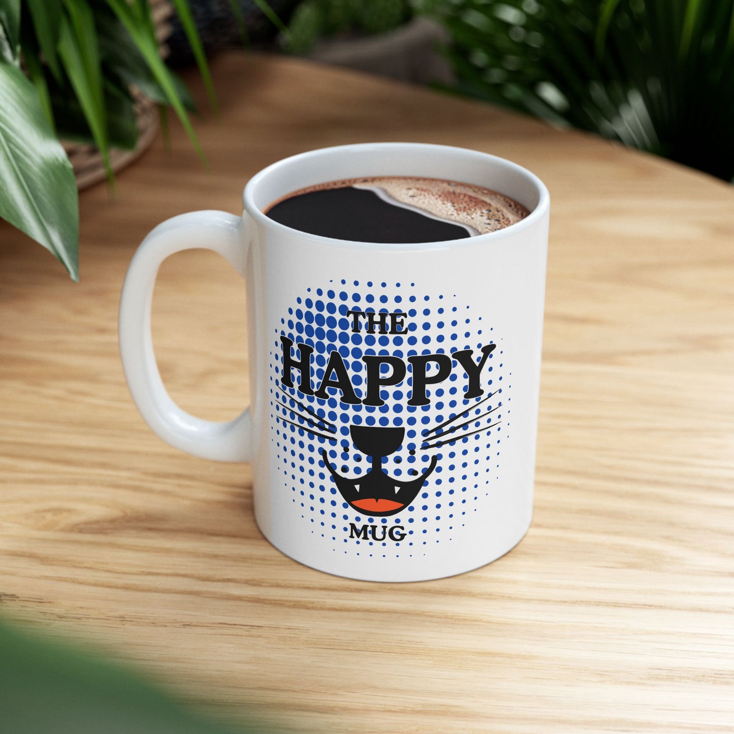 FaithStyles Ceramic Mug — "Happy Mug" Blue Halftone Coffee Cup (11oz & 15oz)