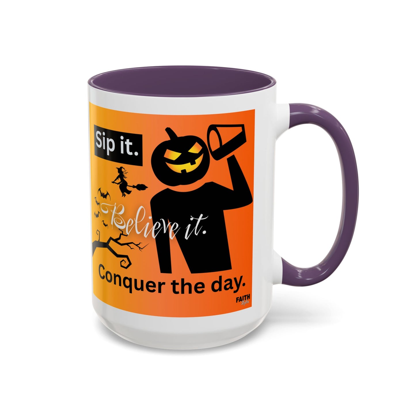 FaithStyles Halloween-Themed Coffee Mug, Sip It Believe It Conquer the Day, Fall Decor, Gift for Pumpkin Lovers, Autumn Kitchenware