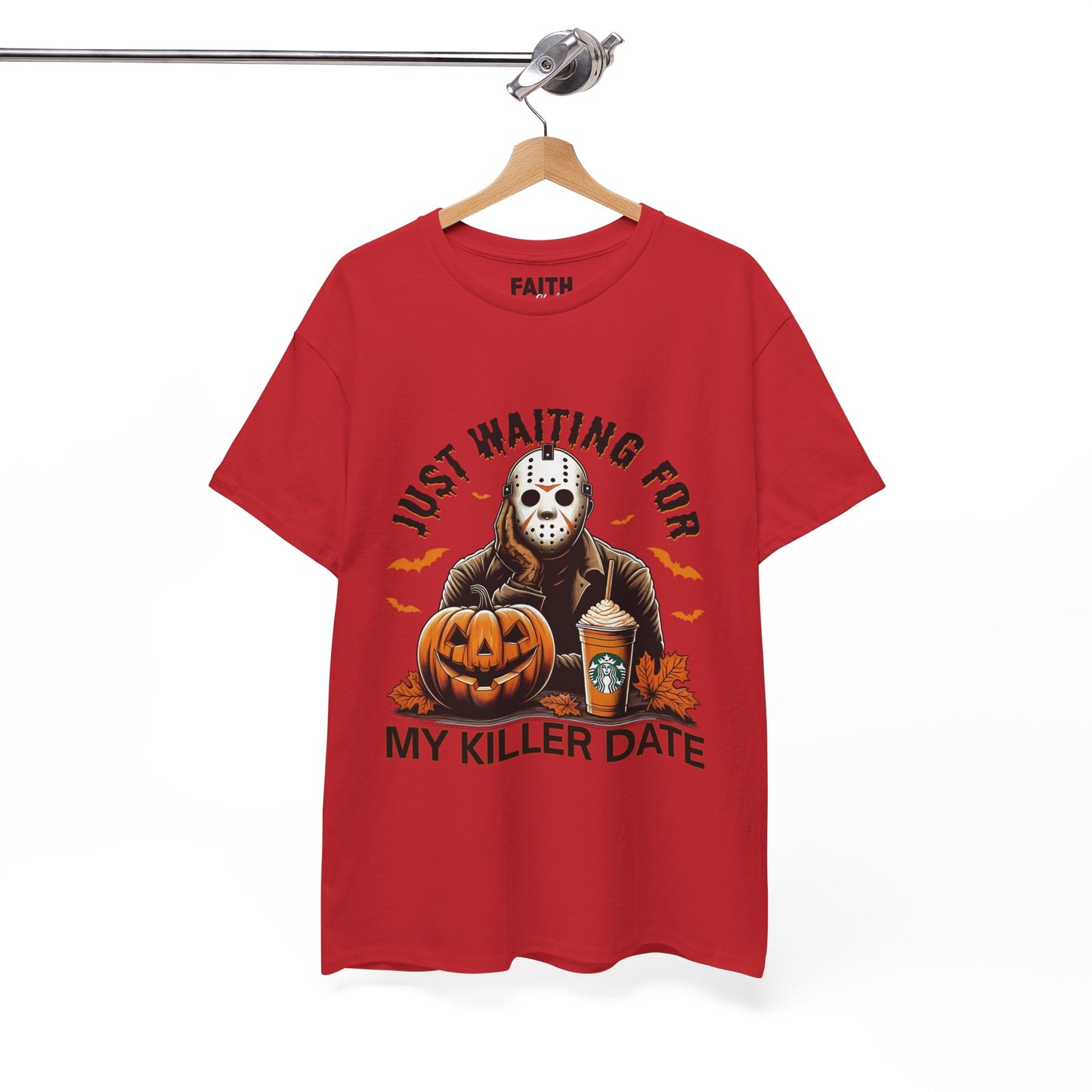 Unisex Halloween Graphic Tee, Spooky T-Shirt for Fall, Just Waiting for My Killer Date Shirt, Perfect for Halloween Parties or Gift
