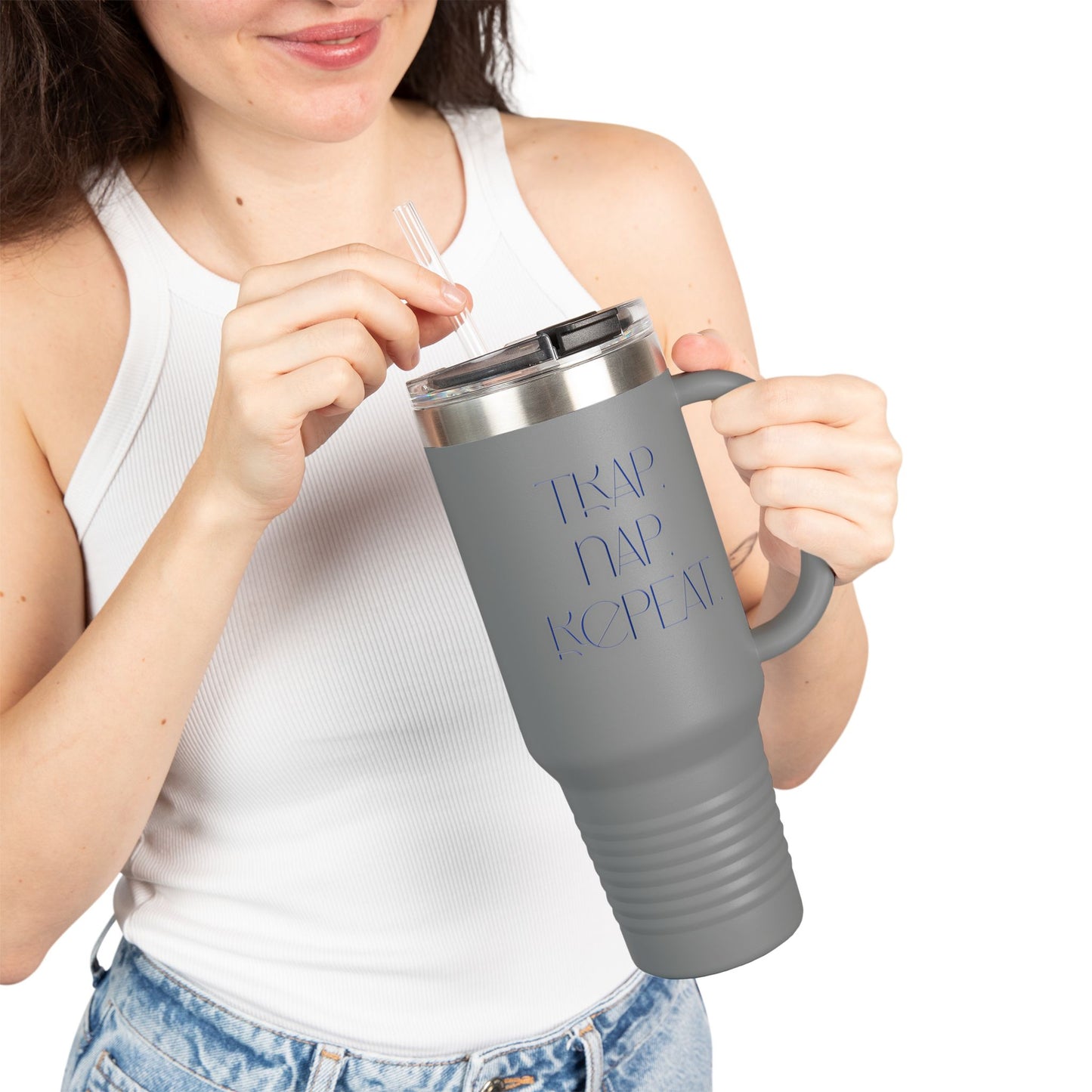 FaithStyles “Trap. Nap. Repeat.” Insulated Travel Tumbler – Stainless Steel Mug with Straw