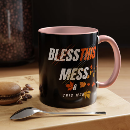 FaithStyles Bless This Mess Coffee Mug, Autumn Mug, Funny Mug Gift, Black Ceramic Mug, Fall Coffee Cup