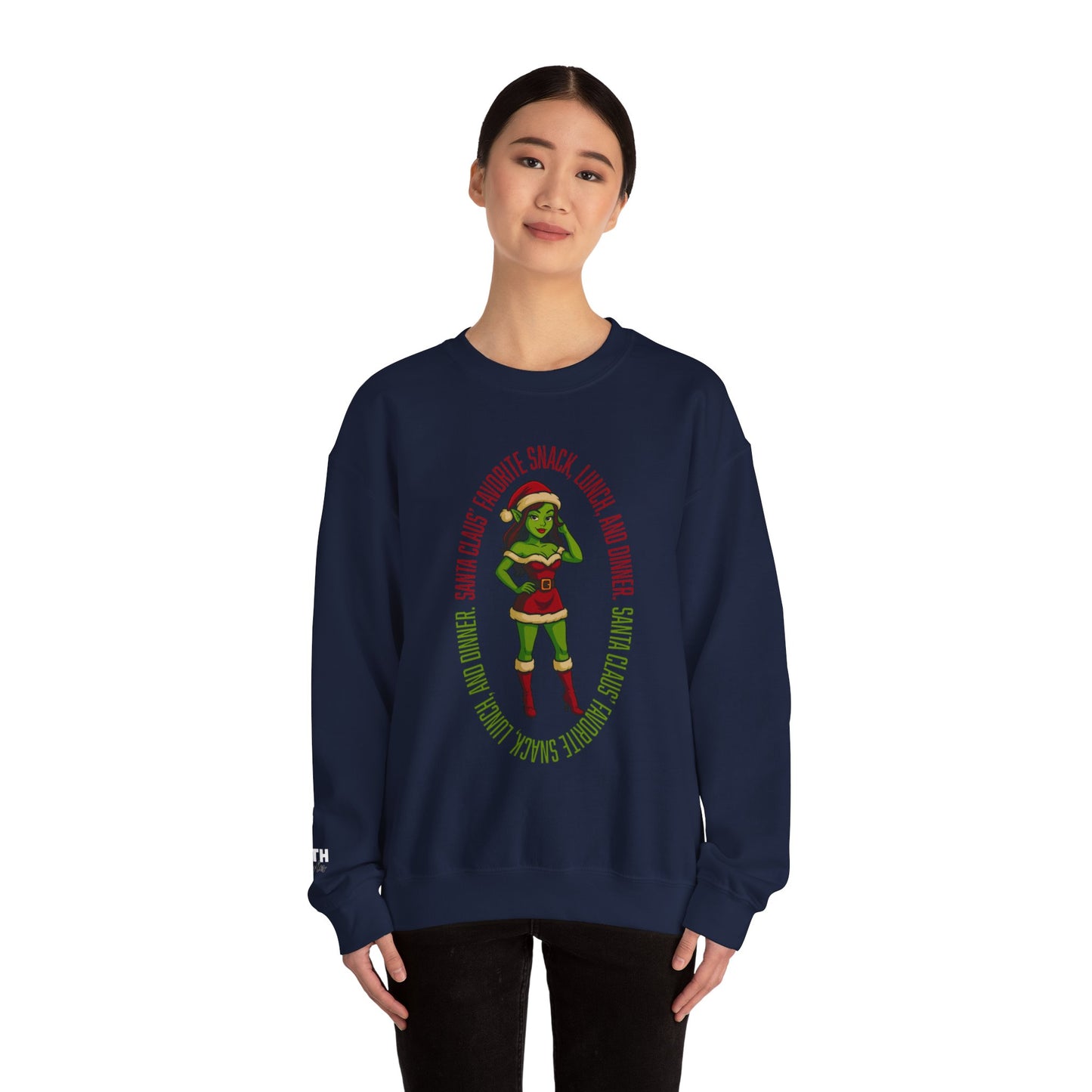 Holiday Goblin Girl Crewneck Sweatshirt — 'Favorite Snack' Christmas Sweatshirt