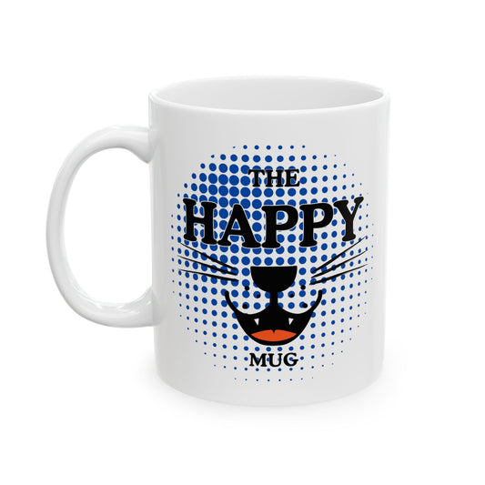 FaithStyles Ceramic Mug — "Happy Mug" Blue Halftone Coffee Cup (11oz & 15oz)