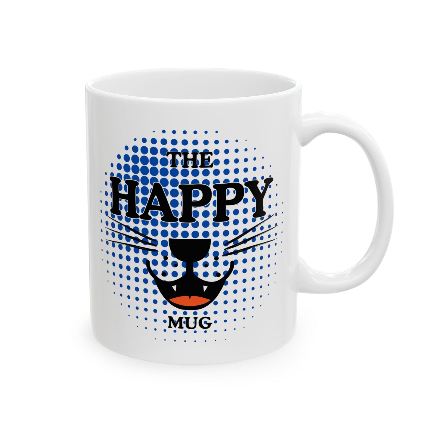 FaithStyles Ceramic Mug — "Happy Mug" Blue Halftone Coffee Cup (11oz & 15oz)