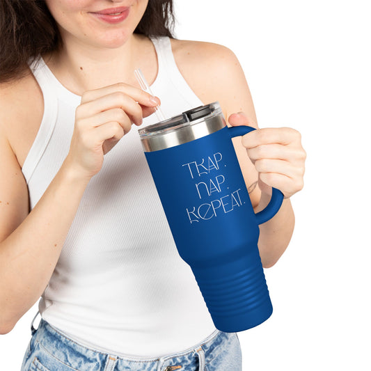 FaithStyles “Trap. Nap. Repeat.” Insulated Travel Tumbler – Stainless Steel Mug with Straw