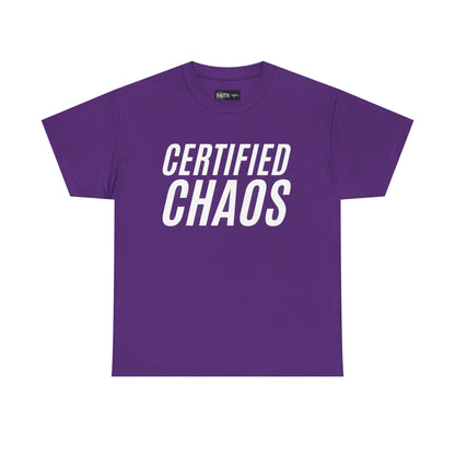 Certified Chaos Unisex Heavy Cotton Tee, Casual Tee, Graphic Tee, Trendy T-Shirt, Gift for Friends, Everyday Wear